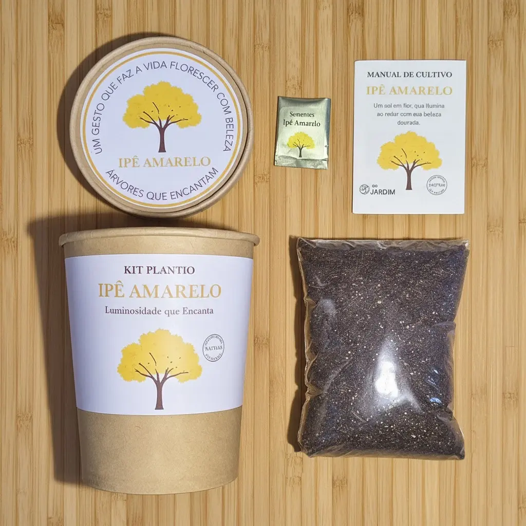 Kit de Ipê-Amarelo aberto, mostrando sementes, substrato, vaso inicial e manual de cultivo