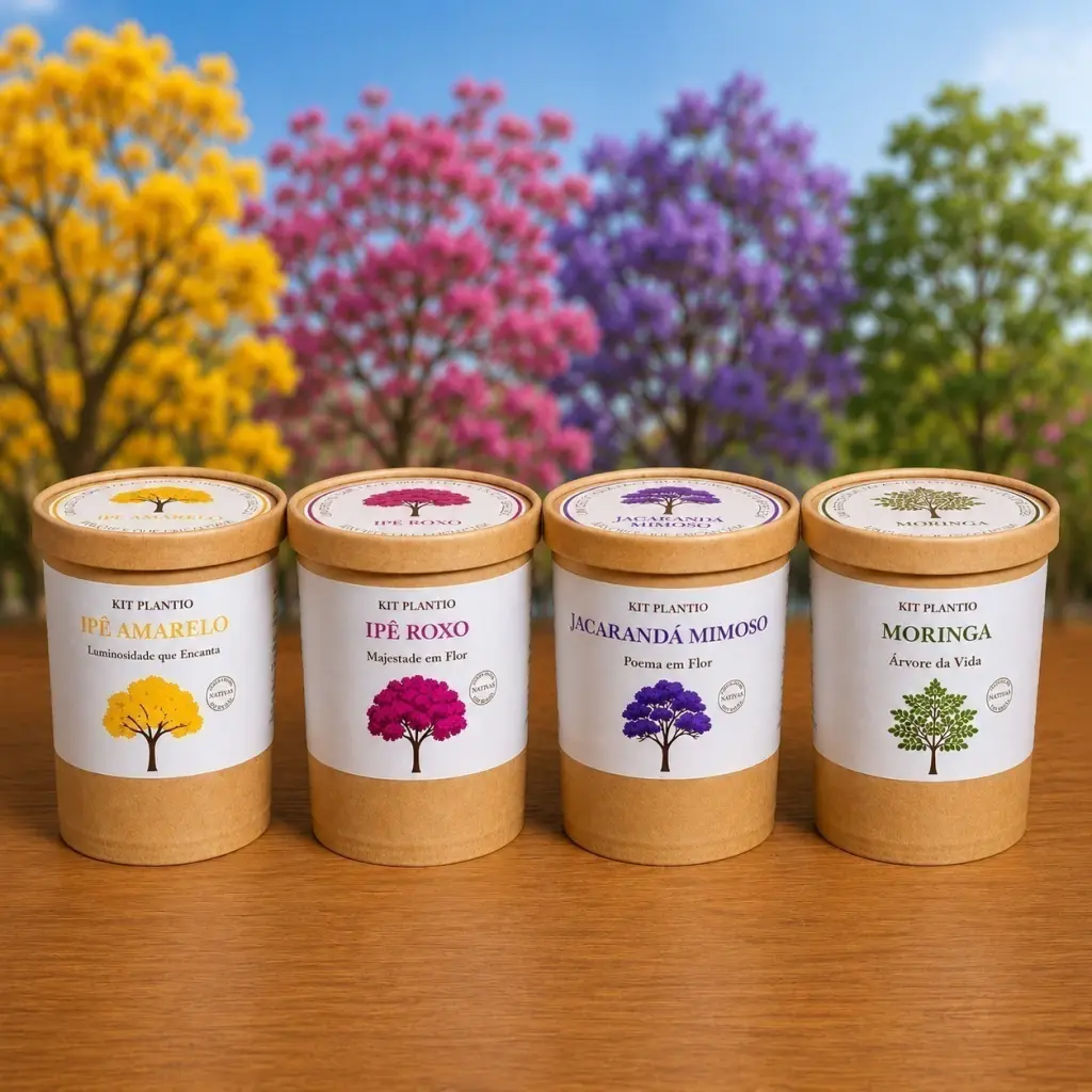 Quatro kits de plantio da linha Árvores que Encantam: Ipê-Amarelo, Ipê-Roxo, Jacarandá-Mimoso e Moringa